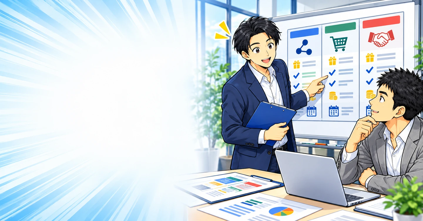アフィリエイトASPの選び方|案件・条件・管理のしやすさを比較する手順の解説イラスト