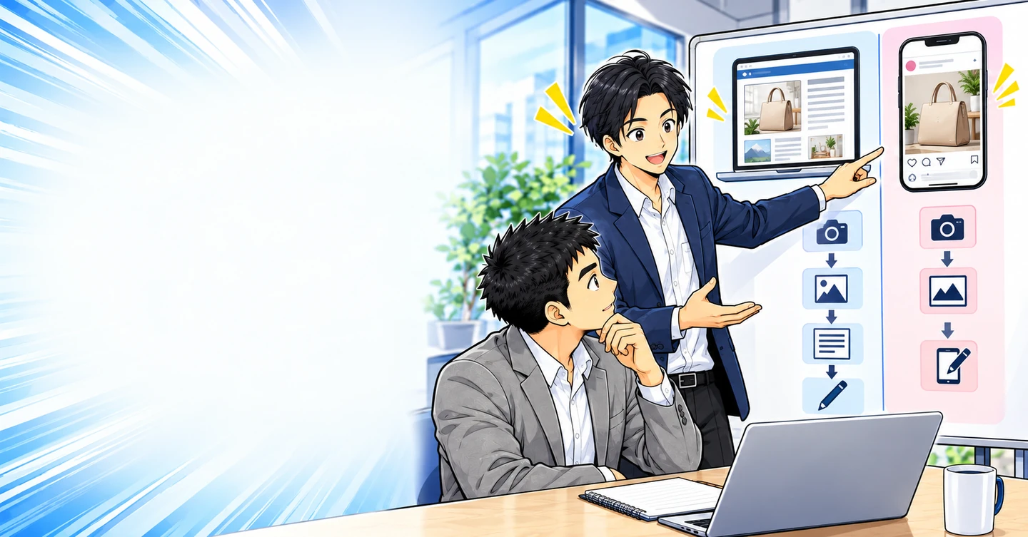 ブログとInstagramのアフィリエイトはどう違う？作業と伝え方で比較の解説イラスト