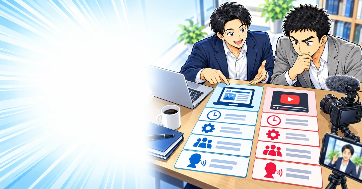 ブログとYouTube、アフィリエイトを始めるならどちらが続けやすい？の解説イラスト