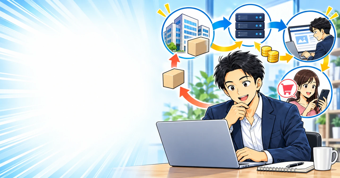 アフィリエイトは誰からお金をもらう？広告主・ASP・運営者・読者の関係の解説イラスト