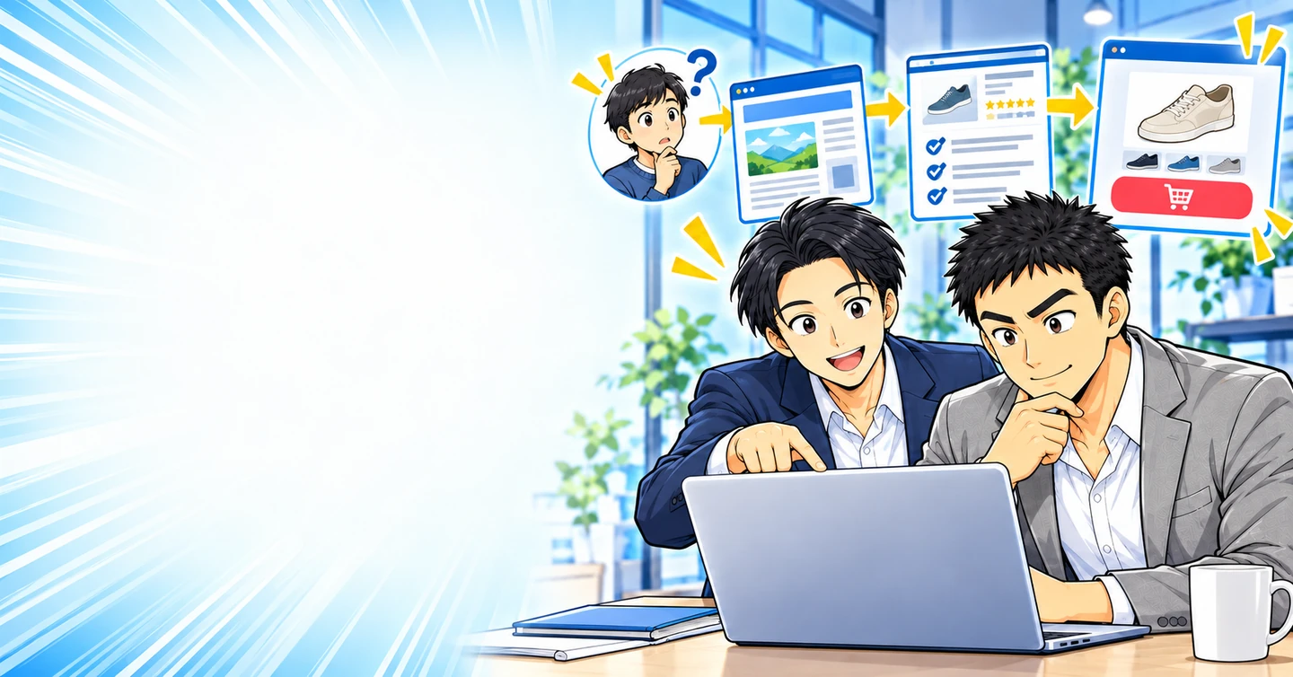 アフィリエイトサイトは何をする場所？記事を読む読者の行動で理解するの解説イラスト