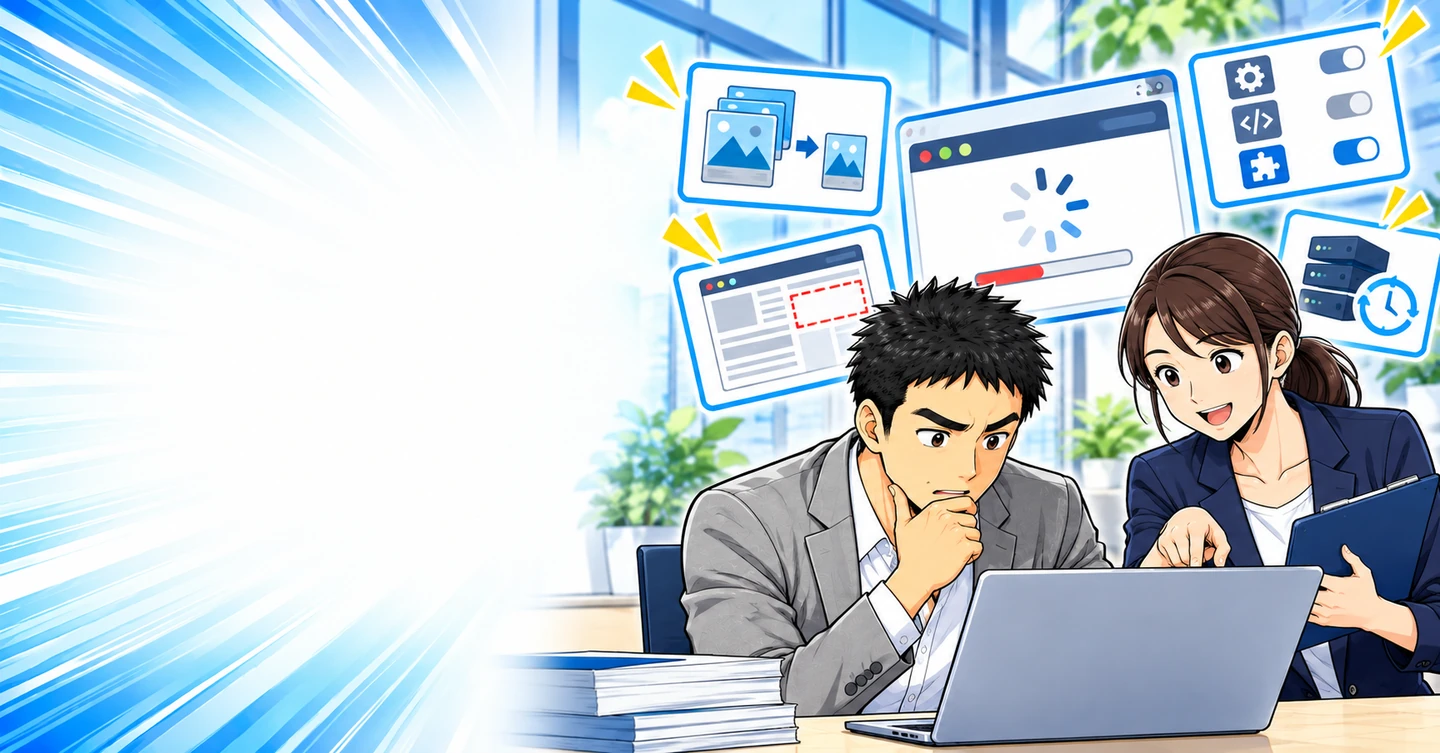 アフィリエイトサイトが重い原因と改善方法の解説イラスト