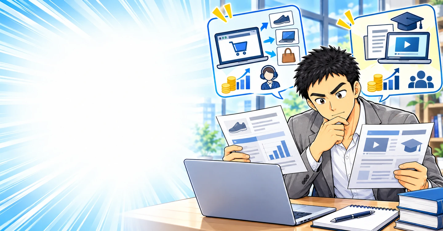 アフィリエイトと有料コンテンツ販売、初心者はどう違いを考える?の解説イラスト