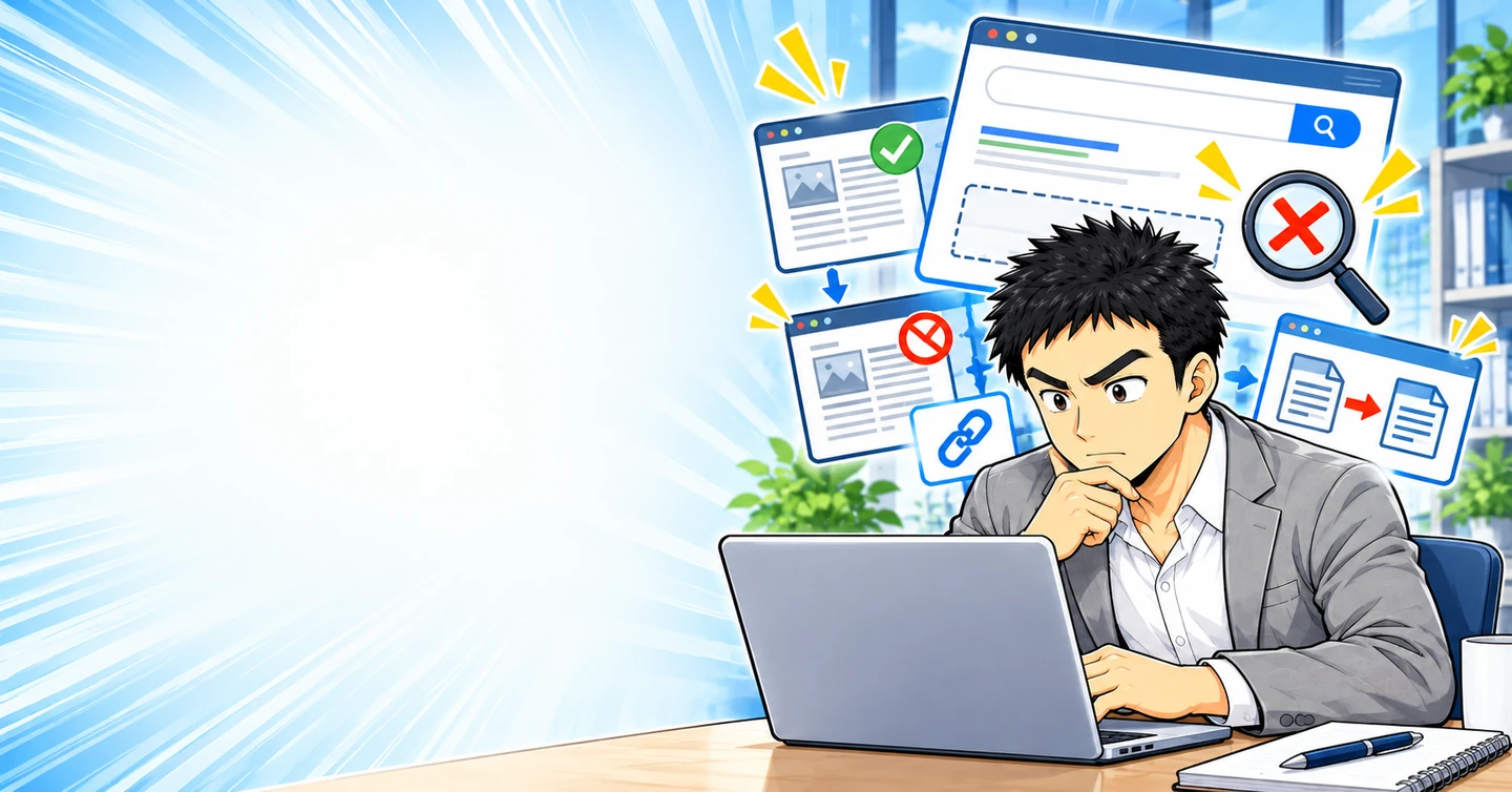 記事が検索に出てこない原因と対処法の解説イラスト
