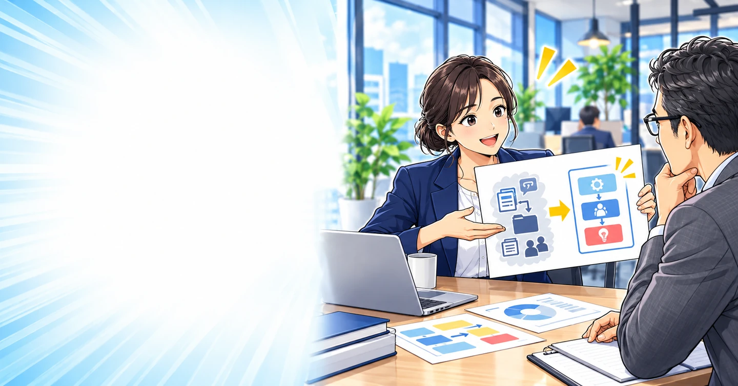 社内でしか通じない言葉を、外の人に説明すると見える自分の強みの解説イラスト