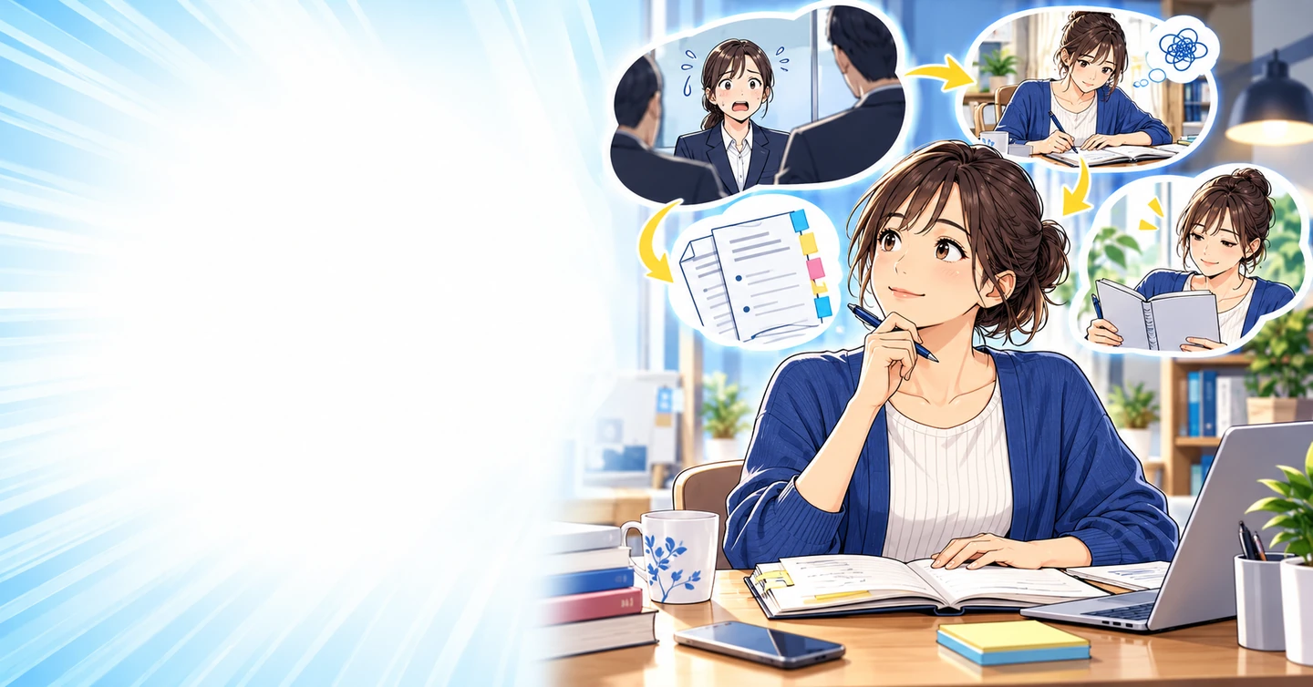 面接でうまく話せない経験を、文章にすると何が見える？の解説イラスト
