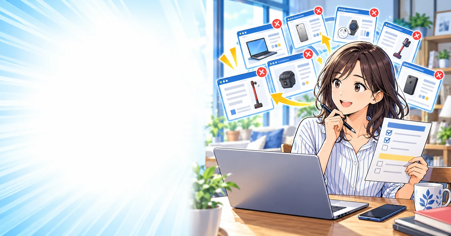 調べても決められない人へ|買い物の比較を終わらせる線の引き方の解説イラスト