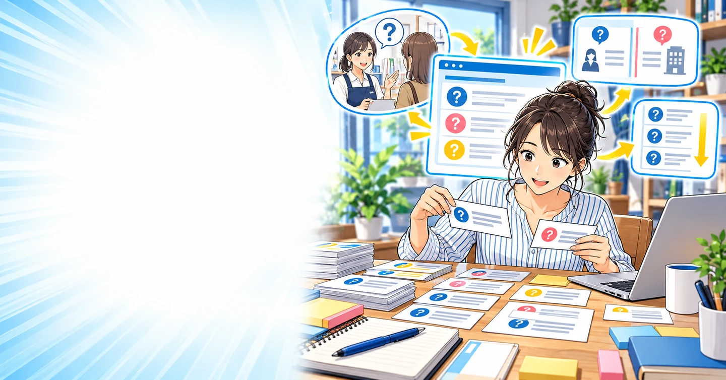 売り場で何度も聞かれた質問を、FAQ記事へ変えるには？の解説イラスト
