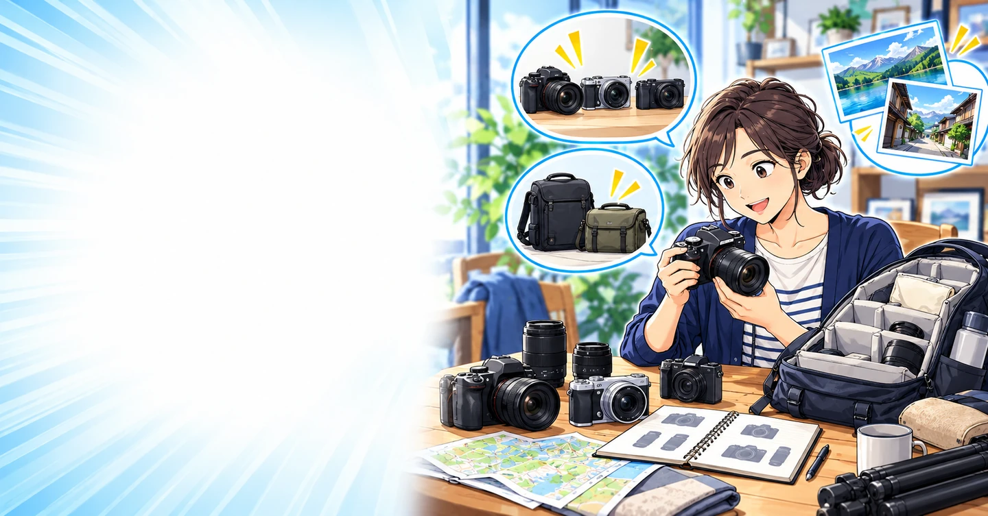 写真の腕がプロ級でなくても、カメラ選びで伝えられることはあるの解説イラスト