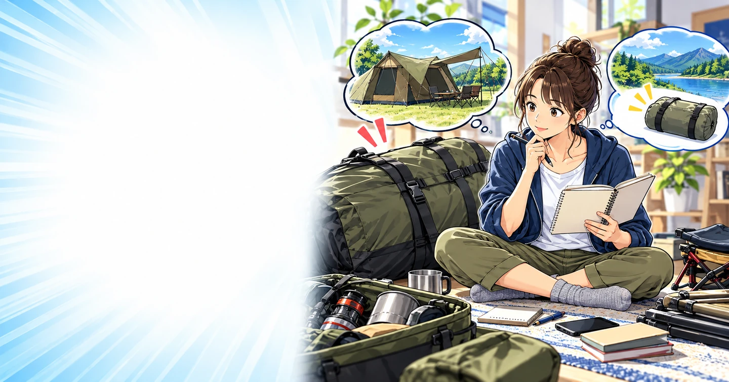 キャンプ道具の失敗買いは、次に選ぶ人の役に立つの解説イラスト