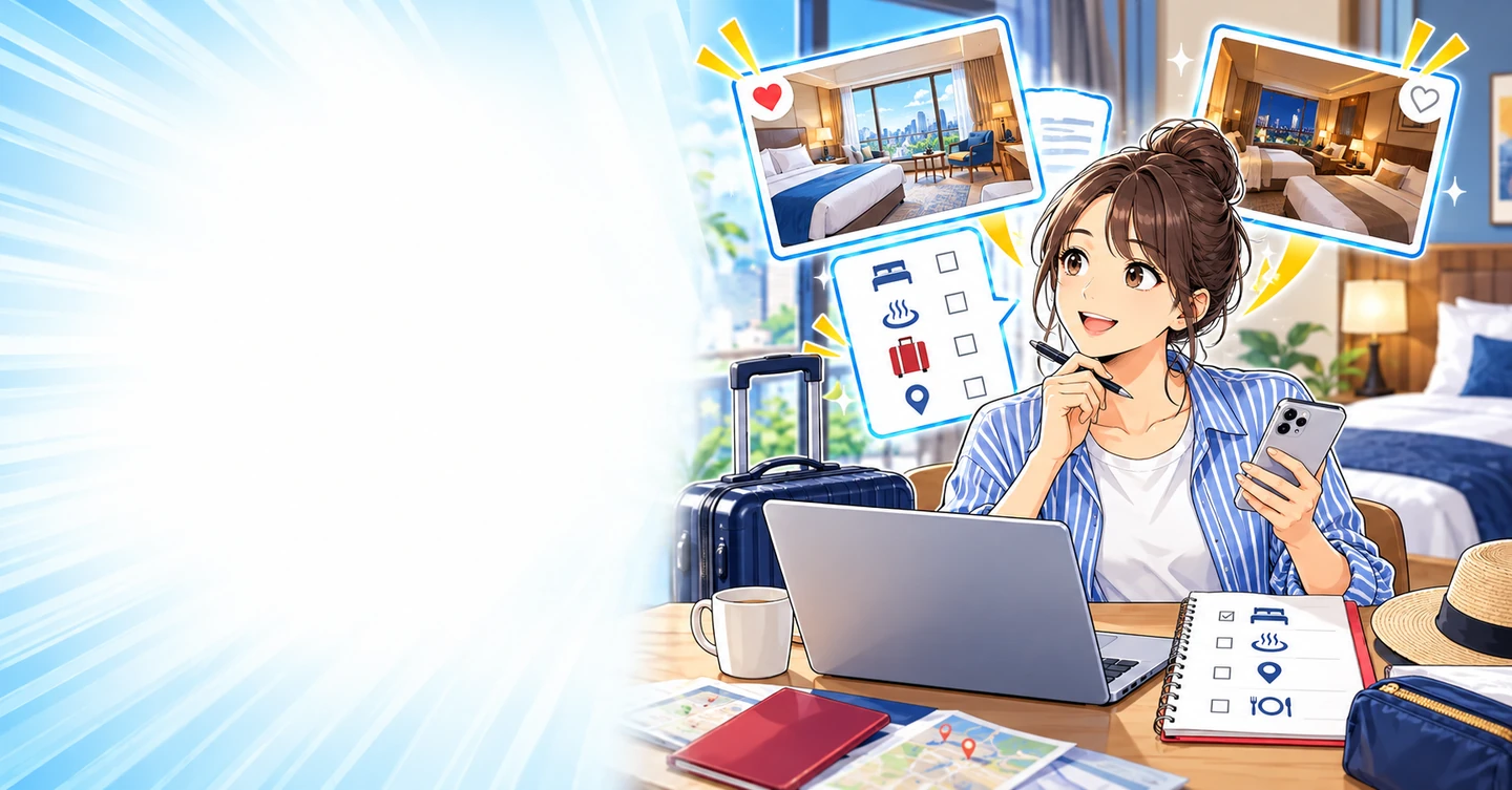 ホテル選びに時間をかけすぎる人へ｜比較した理由を残すと何が変わる？の解説イラスト