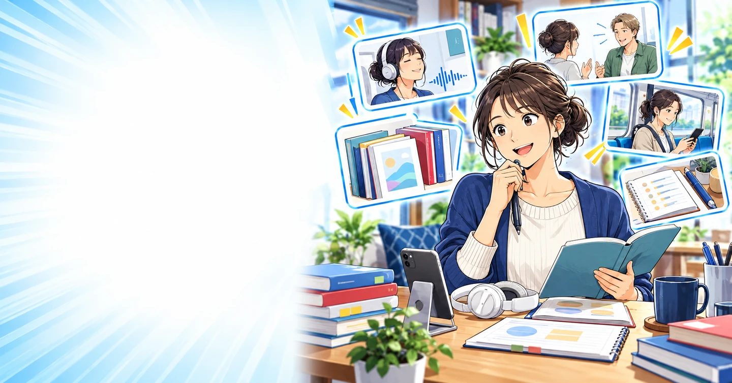 語学がペラペラでなくても残せる、教材選びと学習環境の記録の解説イラスト