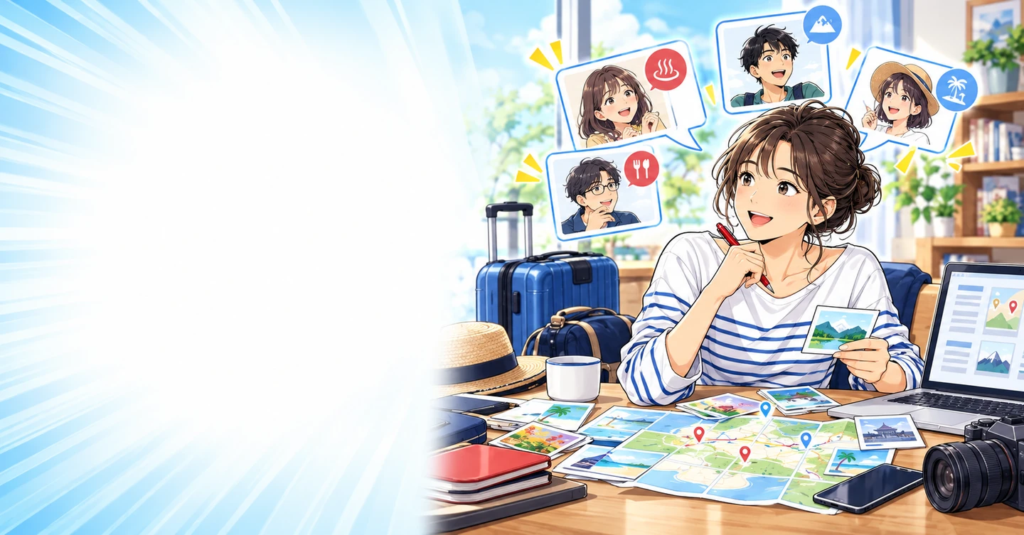 旅行の幹事を任されがちな人の、調べる力を無駄にしない方法の解説イラスト