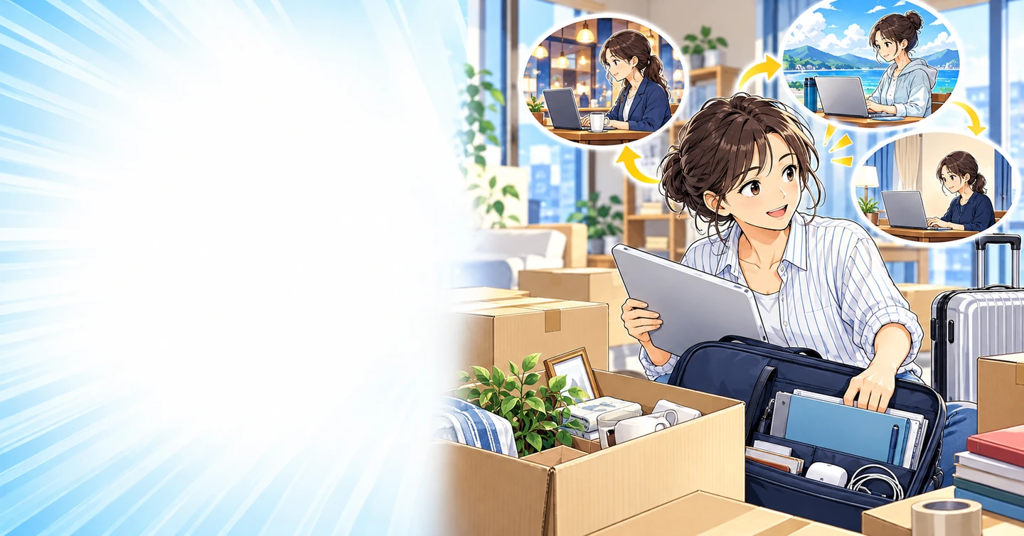 引っ越すたびに仕事を探し直す生活から、持っていける仕事を考えるの解説イラスト