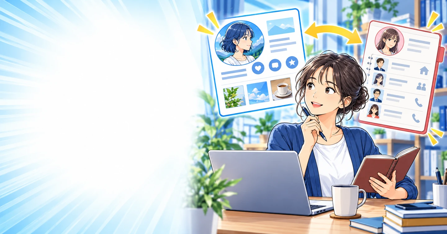 知り合いに見つかりたくないけれど発信したい。その距離感の決め方の解説イラスト