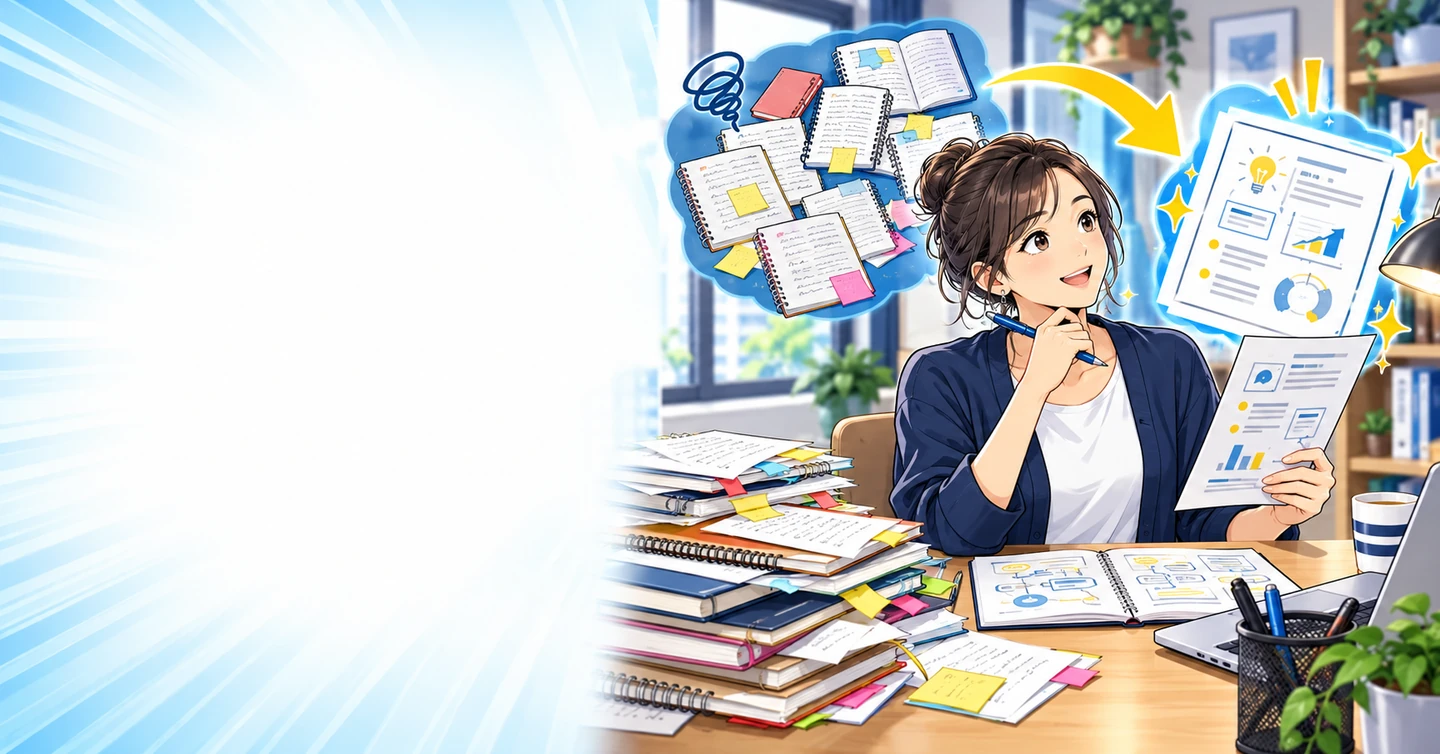 ノートにメモだけが増えていく人へ｜一つの説明に仕上げる楽しさの解説イラスト