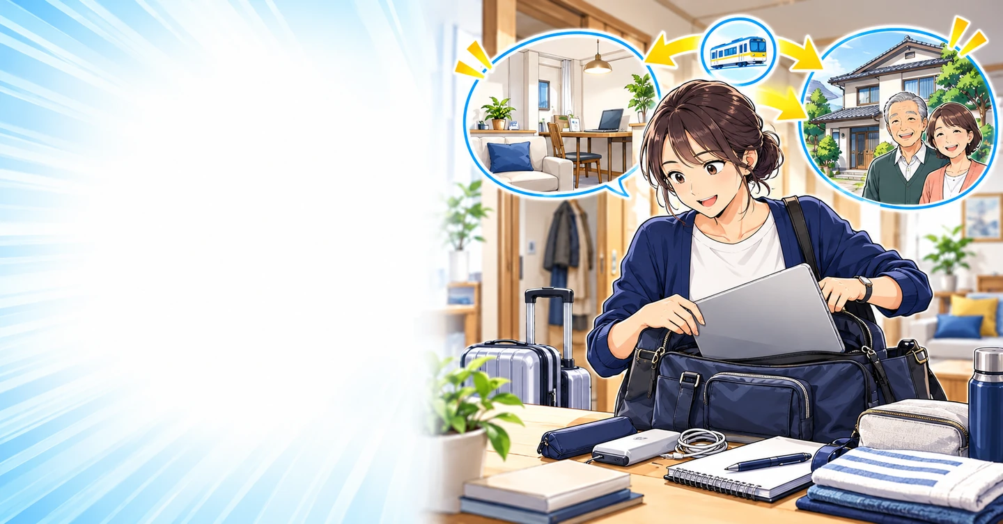 実家と自宅を行き来する生活で、場所を変えても続けられることの解説イラスト