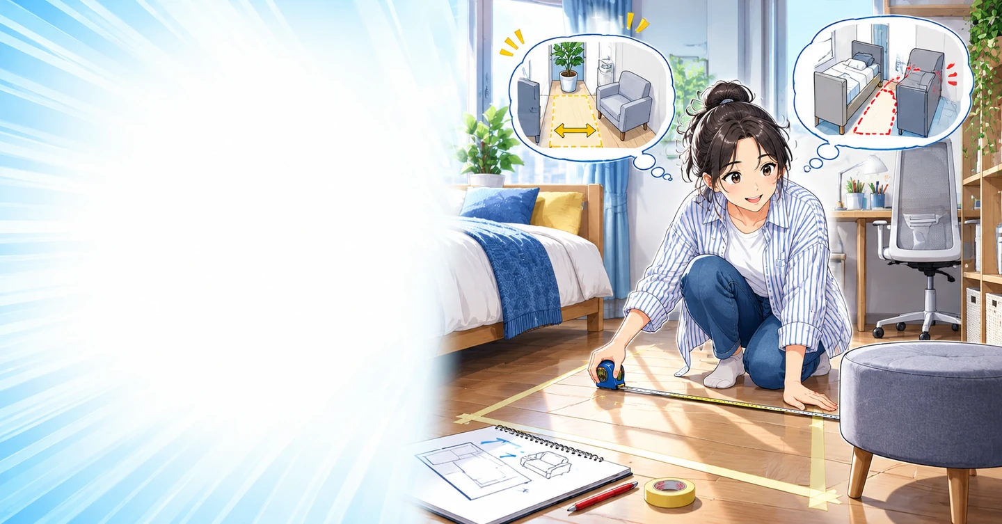 狭い部屋で失敗した家具選びから、伝えられることを見つけるの解説イラスト
