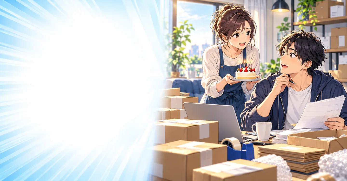 月商300万円の物販副業。仕入れ代を聞いたら、お祝いのケーキが急に小さくなったの解説イラスト