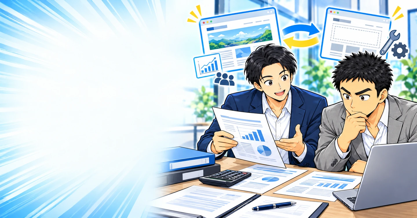 サイト購入と新規制作はどちらがお得？の解説イラスト
