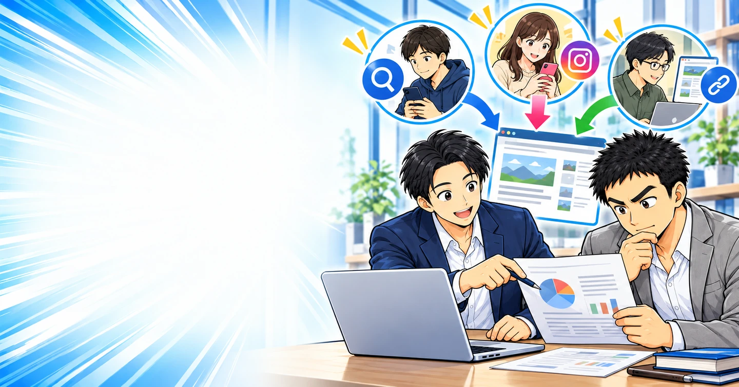 ブログは誰がどうやって見つける?検索・SNS・リンクからの訪問を知るの解説イラスト