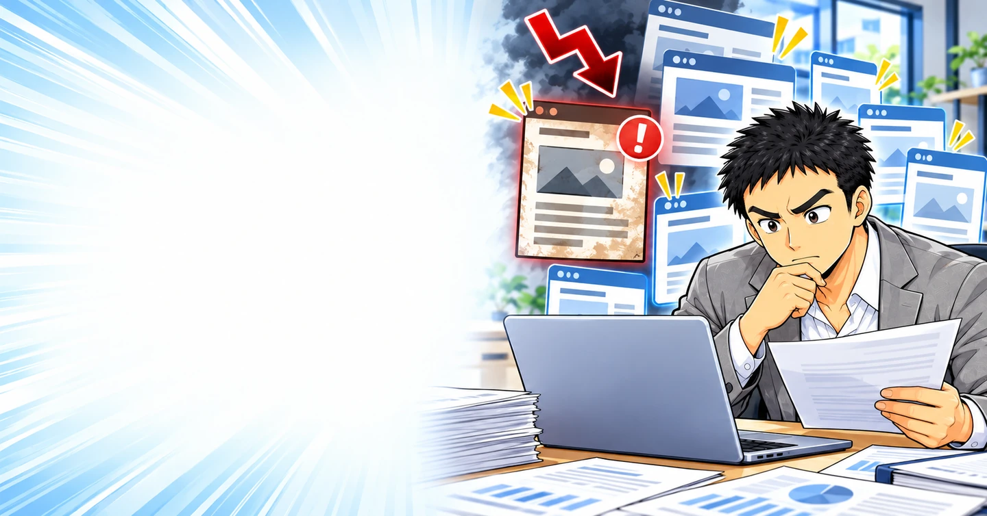 古い情報を残したまま記事を増やすほど、サイトの信用は落ちていくの解説イラスト