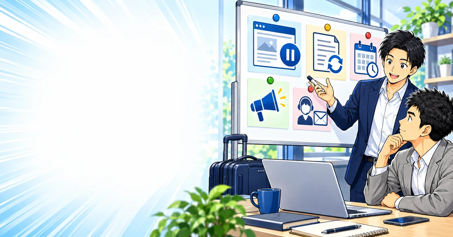 ブログをしばらく休むときに確認したい契約と公開情報の解説イラスト