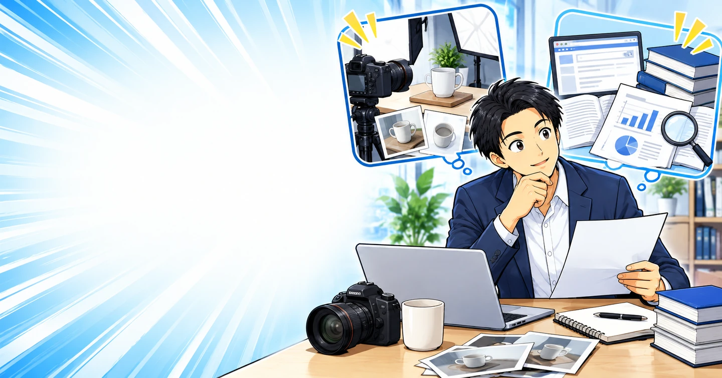 自分で撮影するブログと資料を調べるブログ｜必要な準備はどう違う？の解説イラスト