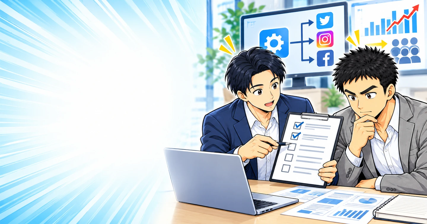 自動投稿ツールを入れただけで、集客の仕組みが完成した気になっていないかの解説イラスト
