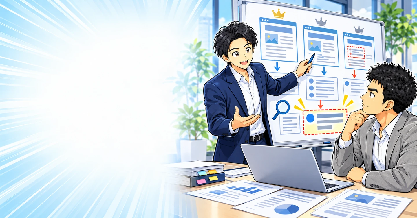 SEOの競合調査のやり方|上位記事の見出しを写さず不足情報を見つけるの解説イラスト