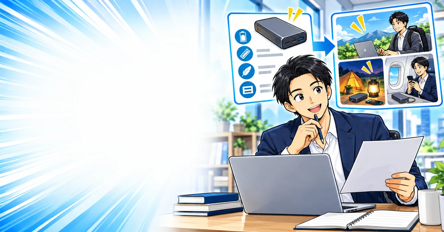 商品のメリットが思いつかないときは?仕様を利用場面に置き換える方法の解説イラスト