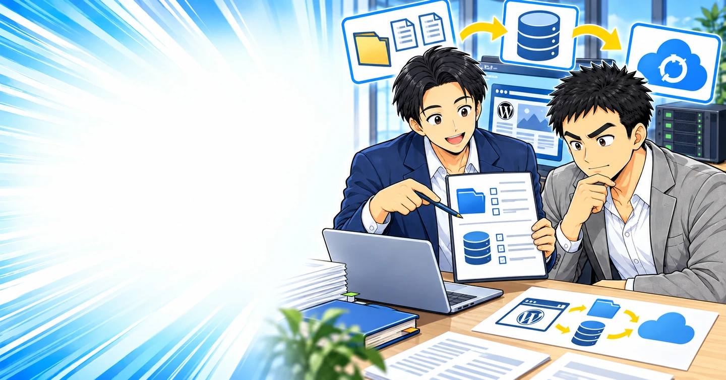 WordPressのバックアップ方法|保存対象の確認から復元テストまでの解説イラスト
