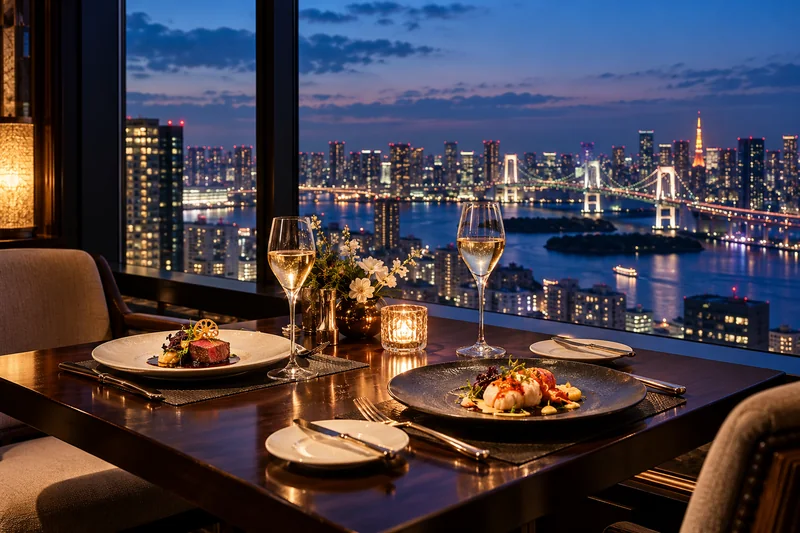 街の夜景を望むレストランに用意された二人分のディナー。豊かな食の時間のイメージ
